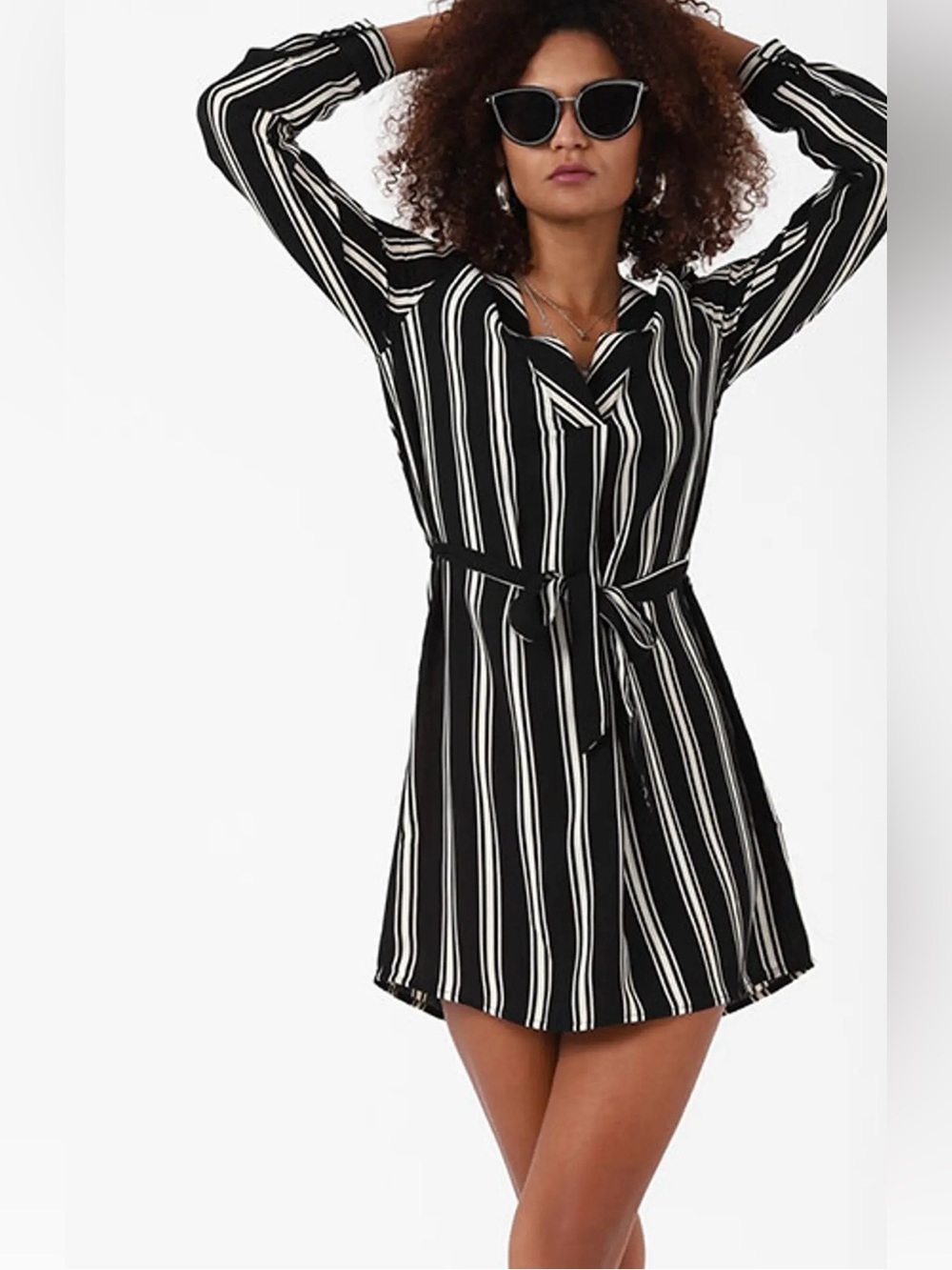 Forever 21 Black and White Vertical Stripe Long Sleeve Wrap Dress